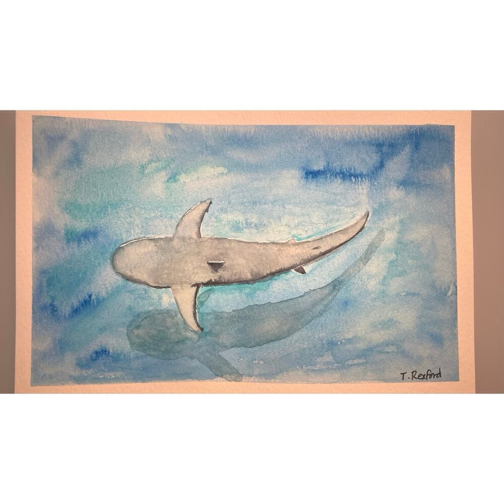 Hand painted watercolor original painting shark 5x8"